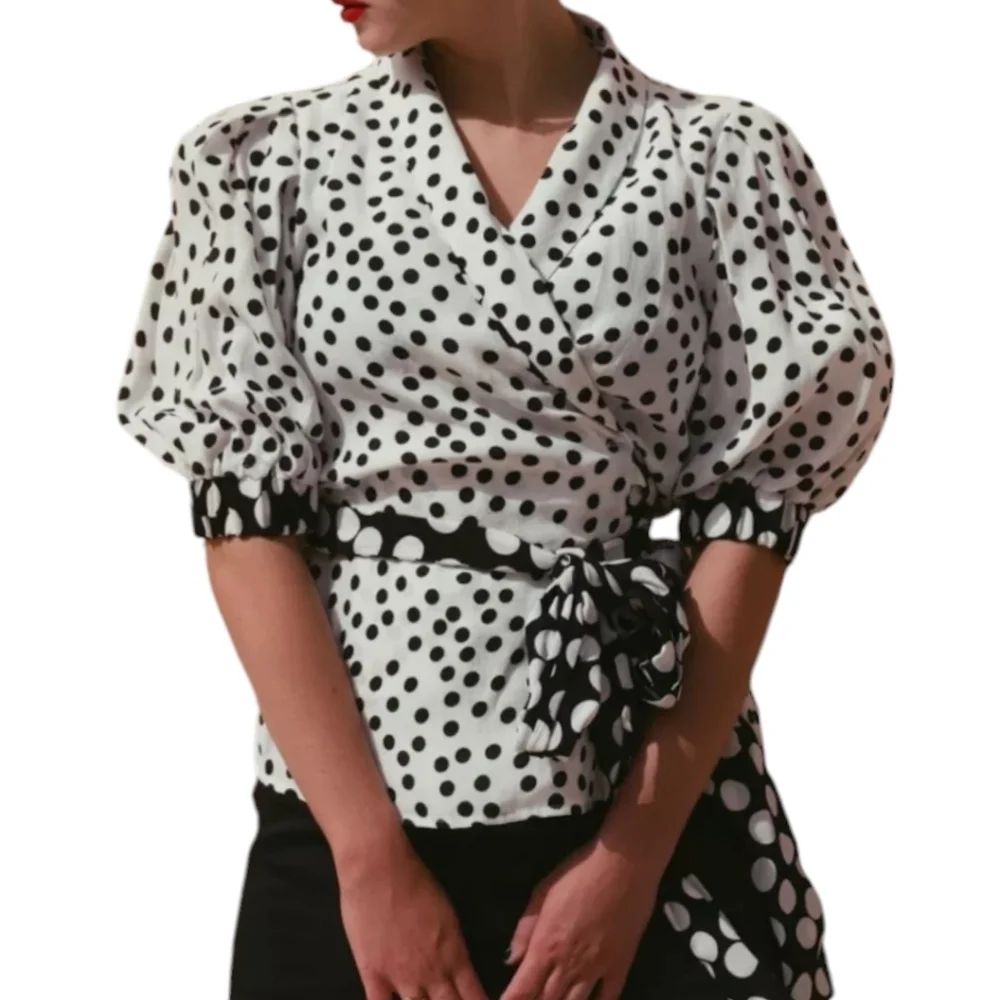 Zara TRF Viral Polka Dot Wrap Blouse with 3/4 Puff Sleeves